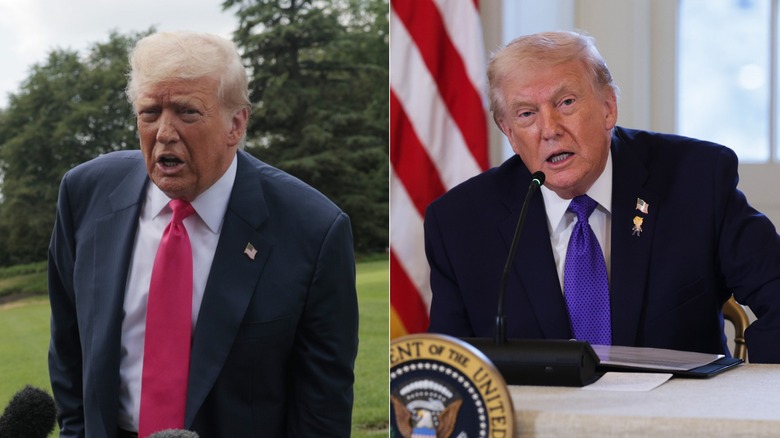 split image of Donald Trump wearing suits with visible shoulder pads outdoors and indoors.