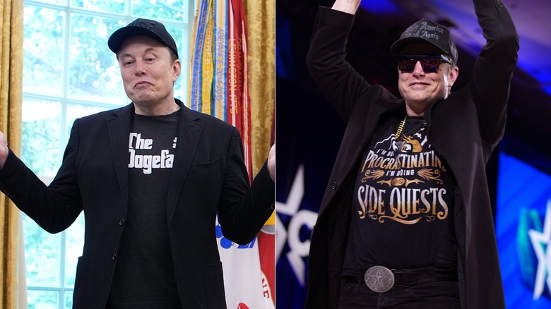 Split image of Elon Musk wearing his "The Dogefather" shirt in the Oval Office and a black MAGA hat and sunglasses at CPAC.