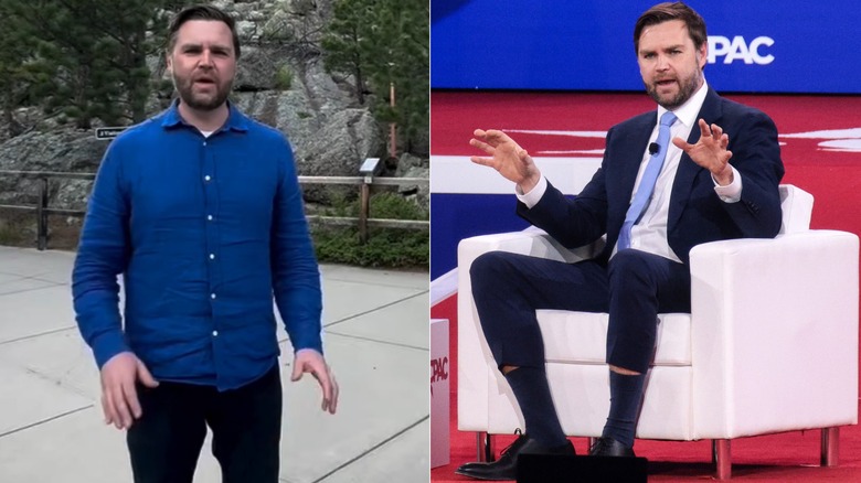 Split image of JD Vance wearing a wrinkled blue shirt at Mount Rushmore and seated with pants exposing his socks at CPAC.