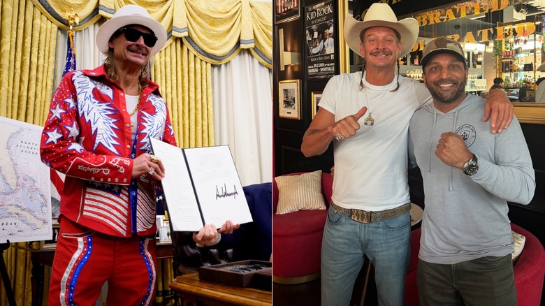 Split image of Kid Rock holding a signed executive order in the Oval Office while wearing a red suit with a patriotic theme and posing with his arm around Kash Patel.