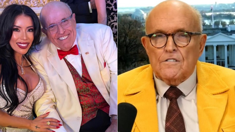 Split image of Rudy Giuliani wearing a white suit and red bowtie and a yellow corduroy blazer with a brown tie