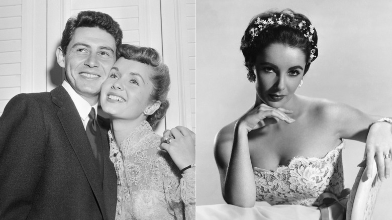 Black and white split image of Eddie Fisher and Debbie Reynolds smiling and embracing and Elizabeth Taylor posing.