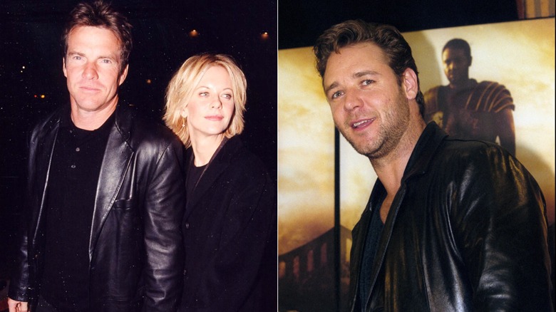 Split image of Dennis Quaid and Meg Ryan walking together and Russell Crowe smiling.