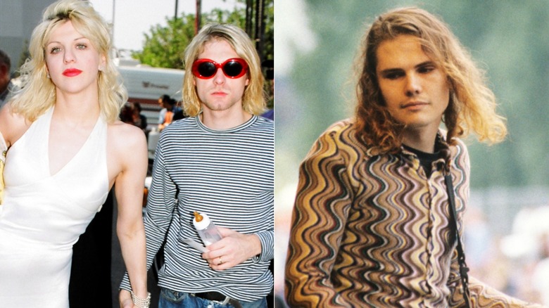 Split image of Courtney Love and Kurt Cobain walking hand in hand and Billy Corgan playing guitar onstage.