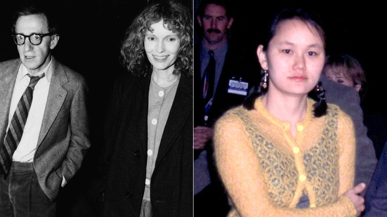 Split image of Woody Allen and Mia Farrow walking together and Soon-Yi Previn.
