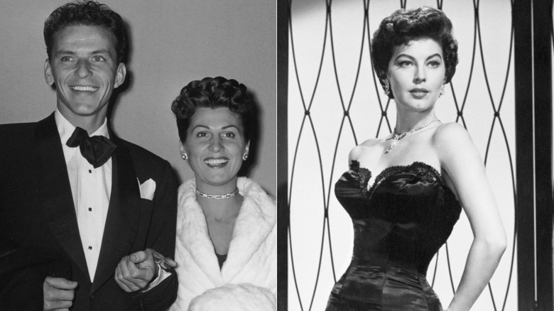 Black and white split image of Frank Sinatra and Nancy Barbato Sinatra smiling and holding hands and Ava Gardner posing.