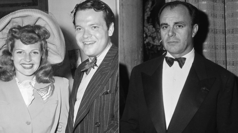 Black and white split image of Rita Hayworth and Orson Welles smiling and Prince Aly Khan posing.