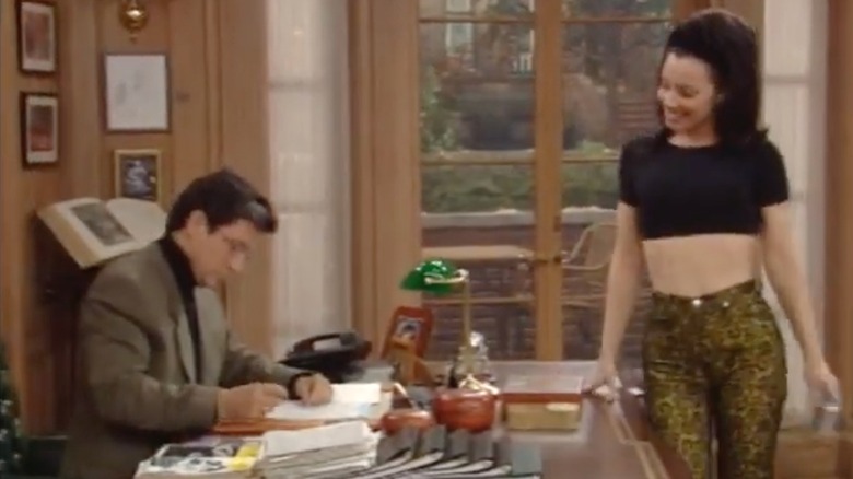 Fran Drescher in crop top and patterned jeans on The Nanny
