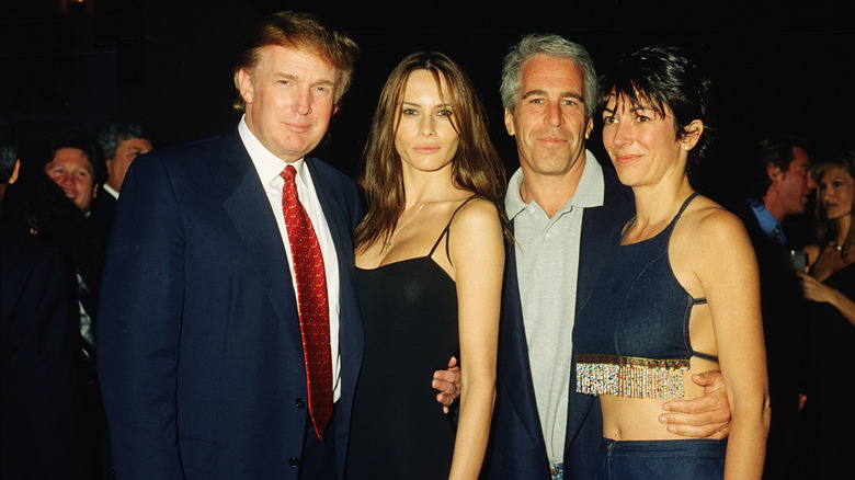 Donald Trump poses with his arm around Melania Trump's waist and Jeffrey Epstein poses with his arm around Ghislaine Maxwell's waist in a group photo.