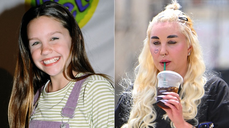Split image of Amanda Bynes at a Nickelodeon event in 2000 & enjoying a coffee break
