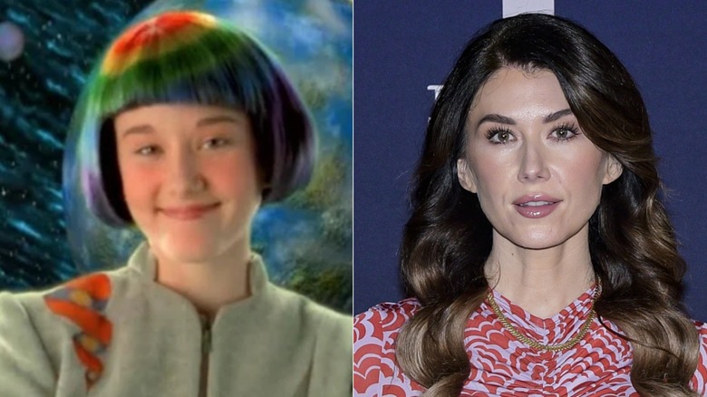 Split image of Jewel Staite as Catalina in "Space Cases" & posing at an event in 2022