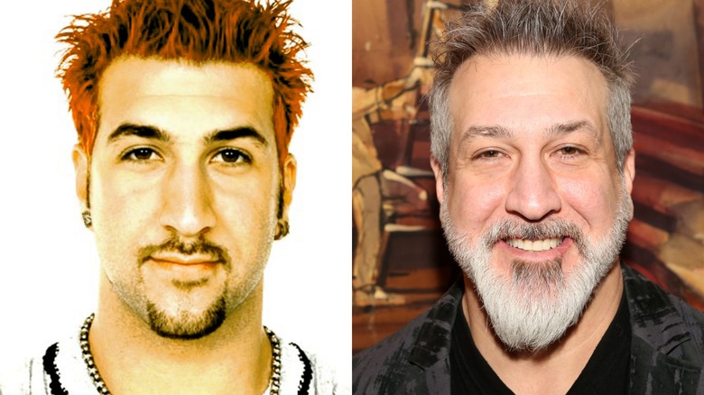 A split image of a red-haired Joey Fatone in the '90s and a gray-haired one more recently