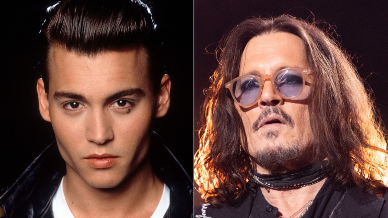 A split image of Johnny Depp in 1990 and more recently, long-haired