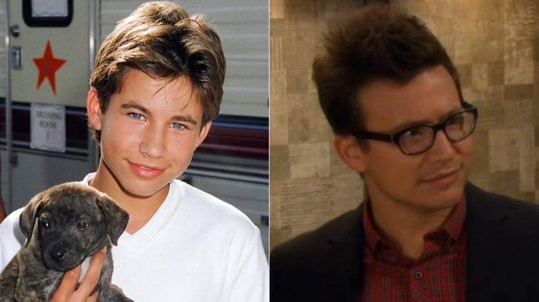 A split image of Jonathan Taylor Thomas holding a puppy in the 90s and on Last Man Standing in the 2010s