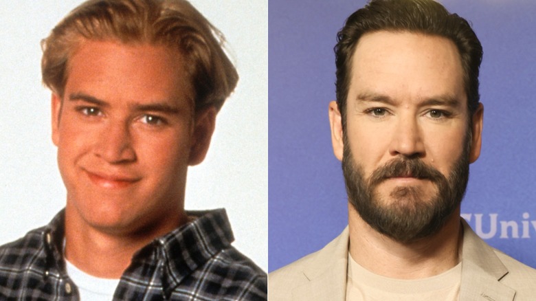 A split image of a goofy-haired, blond Mark-Paul Gosselaar on Saved By The Bell, and more recently with dark hair and a beard