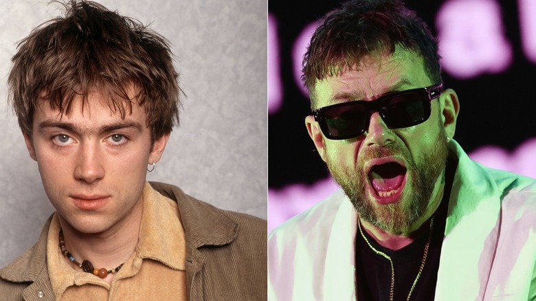 Split image of Damon Albarn posing for the camera in the 1990s versus performing on stage in 2025