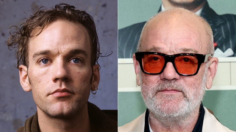 Split image of Michael Stipe with hair in 1990 versus bald with glasses in 2025