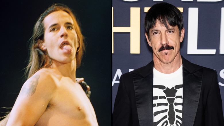 Split image of a shirtless Anthony Kiedis on stage in the 1990s versus in 2025