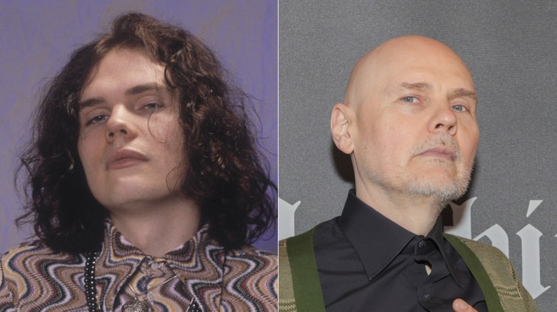 Split image of Billy Corgan with long hair in the 1990s versus bald in 2025