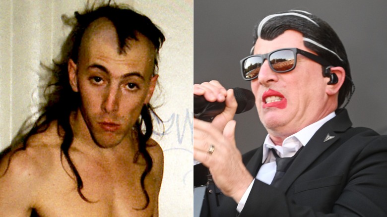 Split image of a shirtless Maynard James Keenan in the 1990s versus performing on stage with makeup in 2025