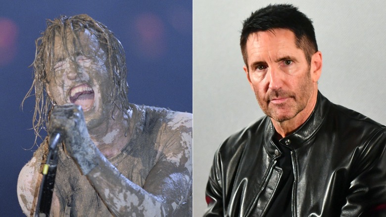Split image of Trent Reznor covered in mud during a 1990s performance versus in 2025