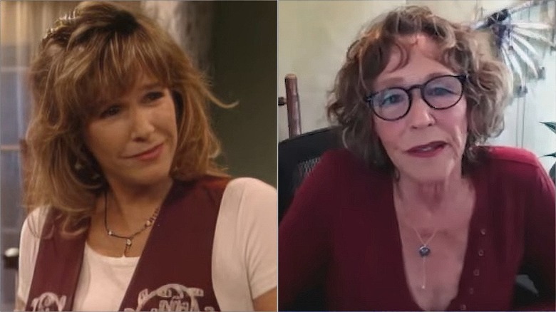 Split image of Betsy Randal on "Boy Meets World" and wearing glasses on a 2023 podcast episode