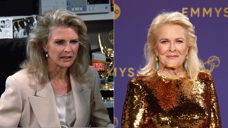Split image of Candice Bergen in "Murphy Brown" and wearing a gold dress at the 2024 Emmy Awards