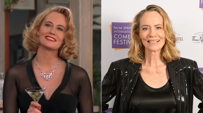 Split image of Cybill Shepherd on her sitcom "Cybill" and wearing a black sequined blazer in 2024