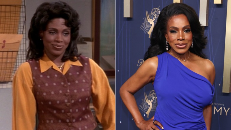 Split image of Sheryl Lee Ralph in character on "Moesha" and posing in a blue one-shoulder dress
