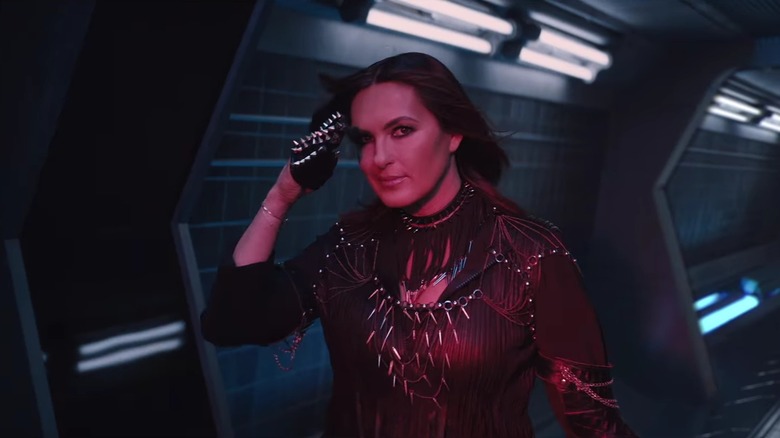 Mariska Hargitay as Justice saluting in Taylor Swift's "Bad Blood" music video.