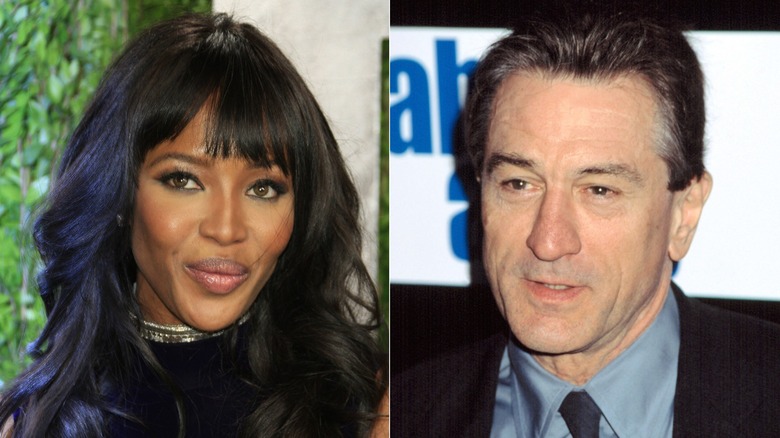 Naomi Campbell slightly smiling and Robert De Niro looking serious