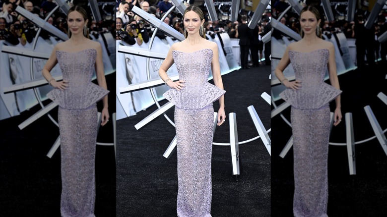 Emily Blunt in a sharp-edged silver dress