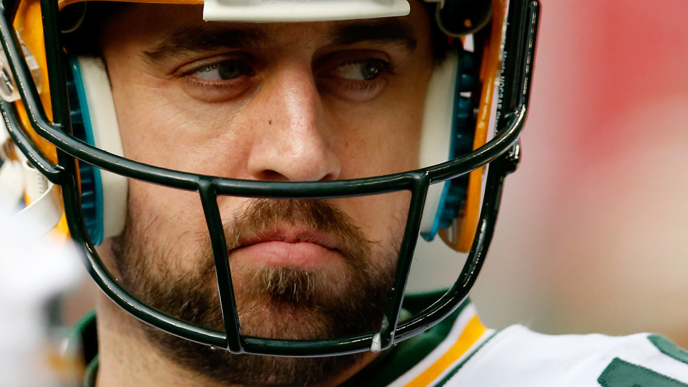 Aaron Rodgers close up on the football field