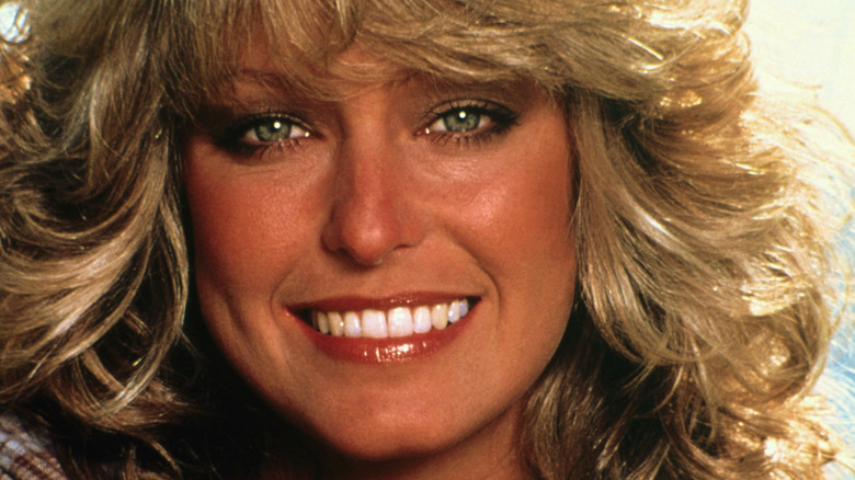 Extreme closeup of a young Farrah Fawcett smiling