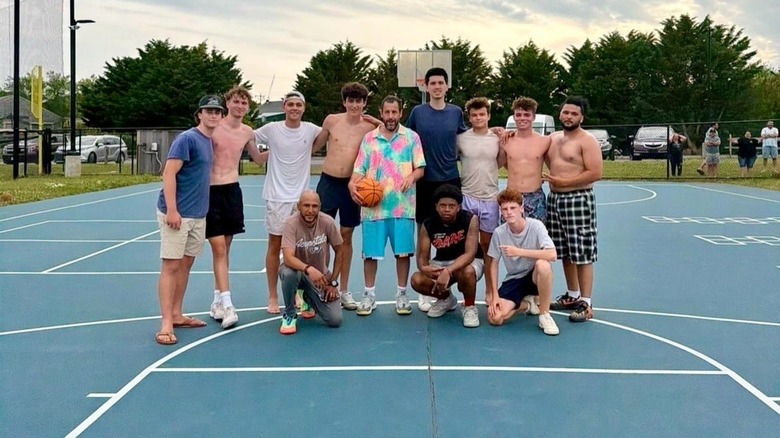 Adam Sandler on a basketball court with residents of Nantucket