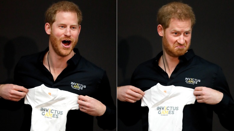 Prince Harry, Duke of Sussex is presented with an Invictus Games baby grow for his newborn son Archie at the Invictus Games The Hague 2020 on May 9, 2019 in The Hague, Netherlands (2019)