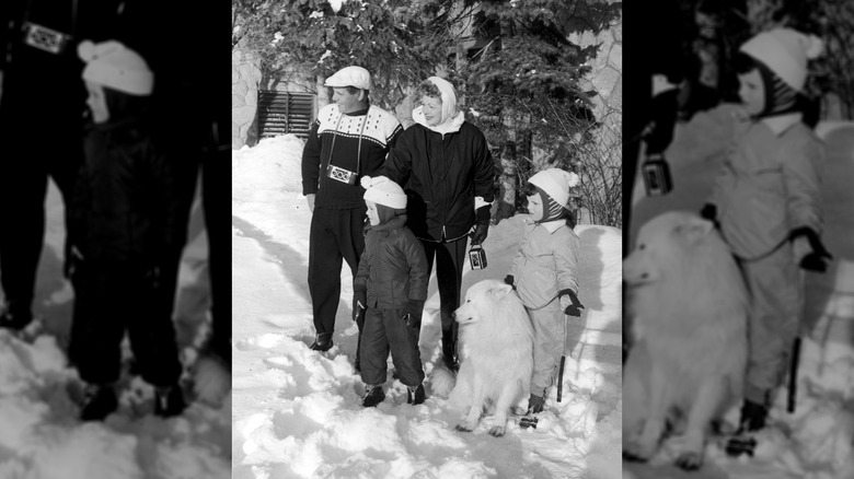 Lucille Ball with her husband Desi Arnaz and their children Lucie and Desi Jr. during a holiday in the snow, circa 1957.