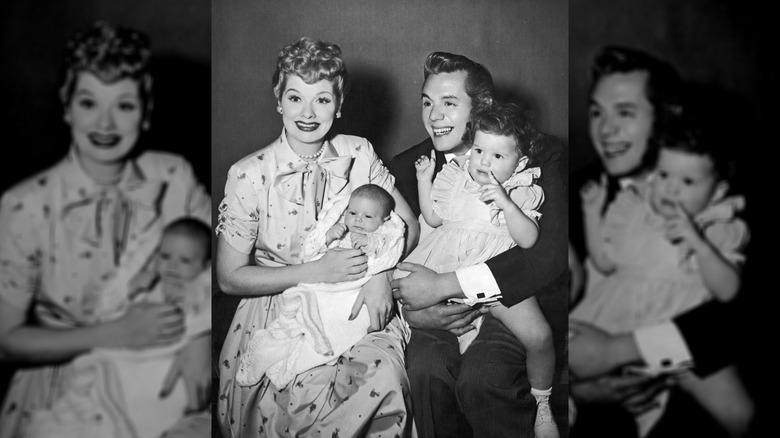 Lucille Ball and Desi Arnaz laugh and smile while holding their two children, Desi Jr (left) and Lucie.