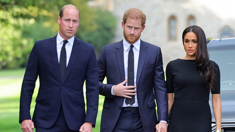 Prince William, Prince Harry, and Meghan Markle during the funeral of Queen Elizabeth II