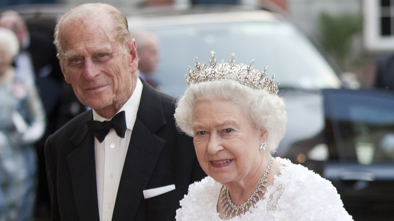 Prince Philip, Duke of Edinburgh and Queen Elizabeth II arrive for a State Dinner on May 18, 2011 in Dublin, Ireland.