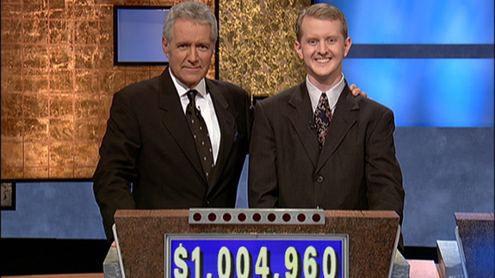 Alex Trebek congratulating Ken Jennings