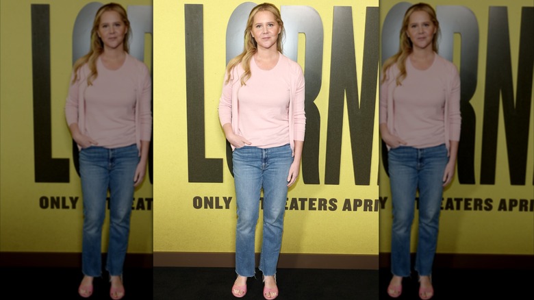 Amy Schumer at an event in a pink cardigan set and jeans