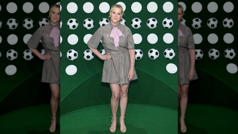 Amy Schumer in a black and white dress with a pink bow
