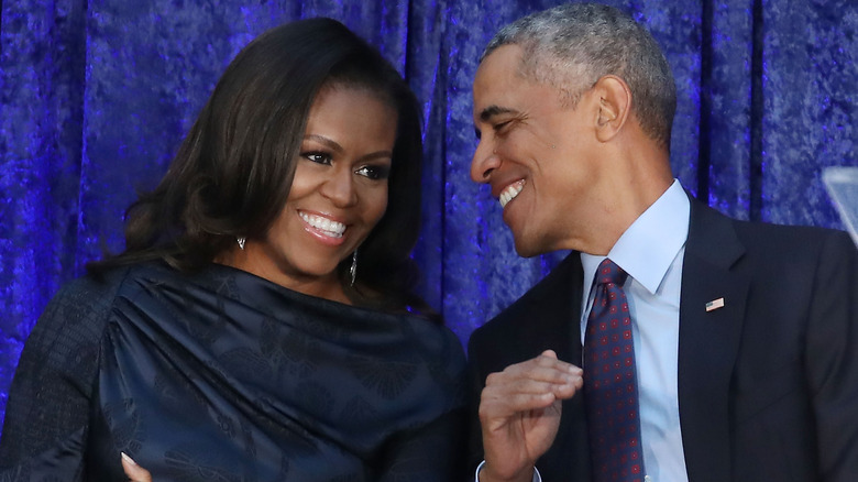 Michelle and Barack Obama at the 2018 unveiling of their official portraits