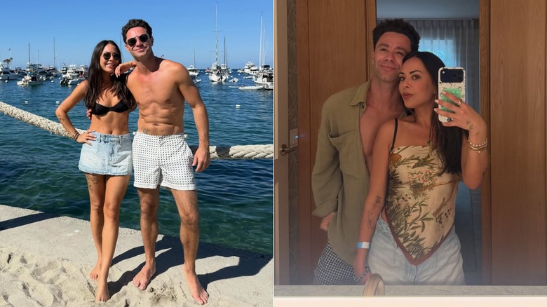 Split image of Janel Parrish and Sasha Farber posing in front of a harbor, taking a mirror selfie.