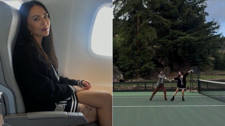 Split image of Janel Parrish sitting on a plane, dancing with Sasha Farber on a tennis court.