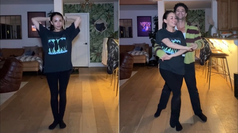 Split image of Janel Parrish adjusting her ponytail, dancing with Sasha Farber.