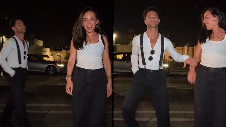 Split image of Sasha Farber and Janel Parrish dancing in a parking lot.