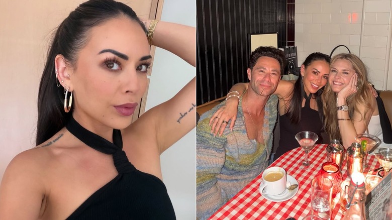 Split image of Janel Parrish wearing a black halter top, seated at a table with Sasha Farber and Maggie Lawson.