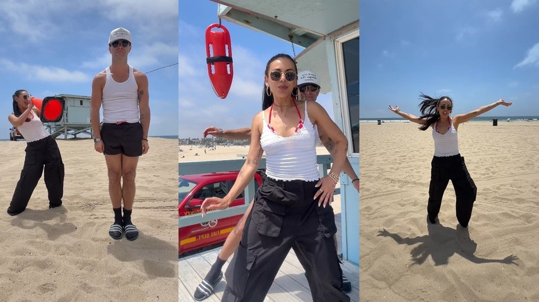 Split images of Janel Parrish and Sasha Farber on the beach, on a lifeguard tower.